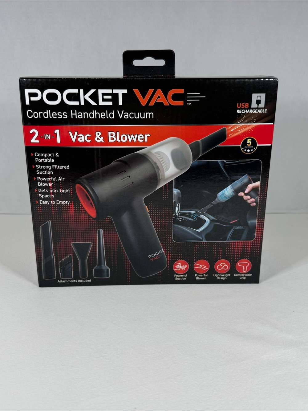 Pocket VAC Cordless Handheld Vacuum/Blower Sealed w/Attachments USB Rechargeable